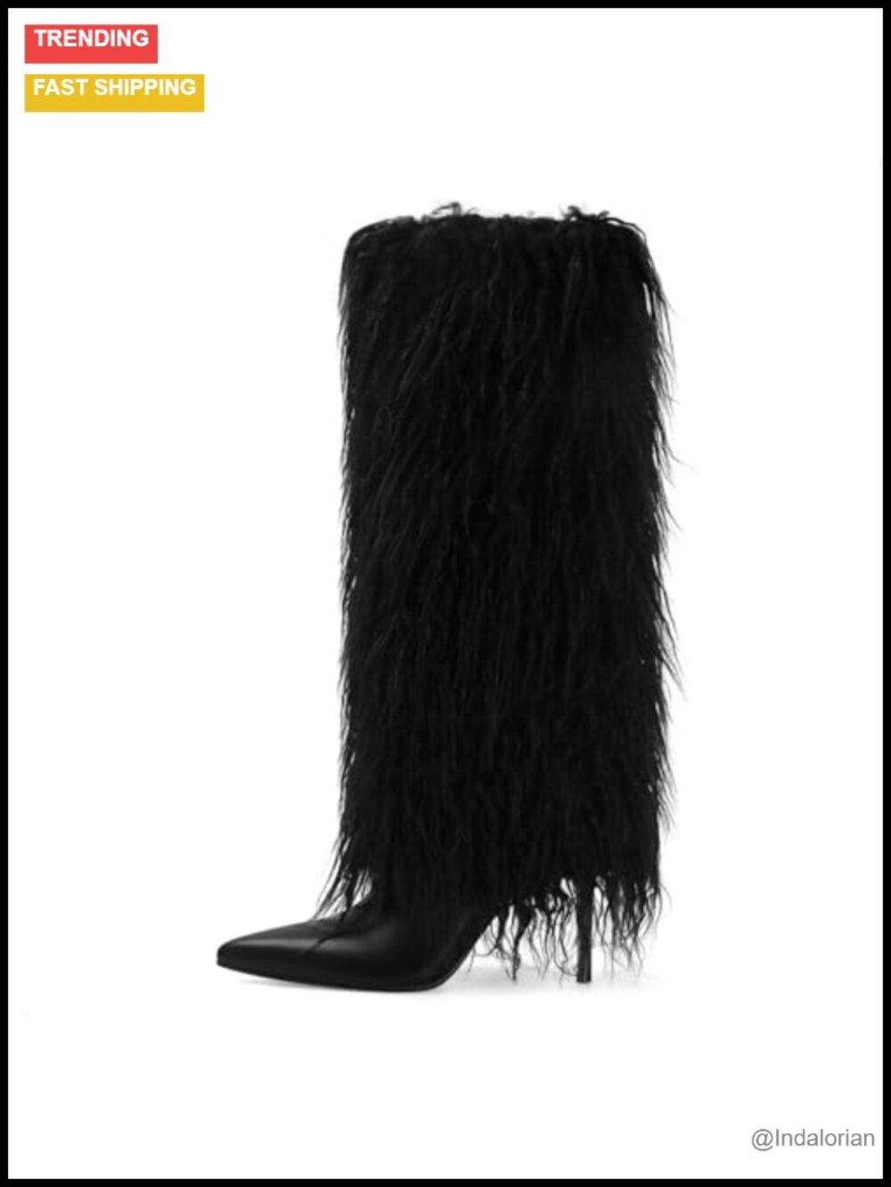Faux Fur Knee High Boots Pointed Toe Stiletto Heel Fold Over Wide Calf